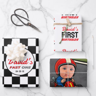 Schneller EINS Schwarze Weiße Rennwagen-Flaggen Geschenkpapier Set
