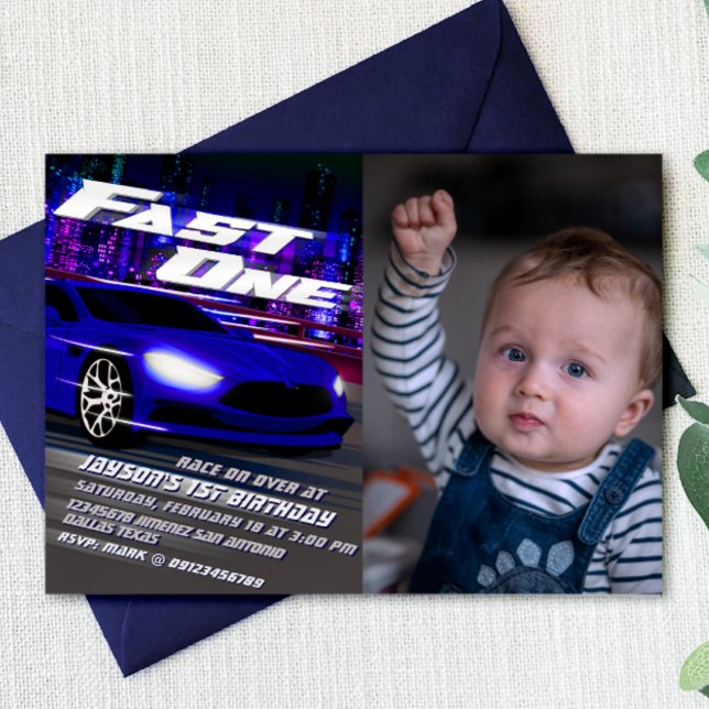 Schneller Einstieg mit Bildeinladung Einladung (Fast One - 1st Birthday Racing Boy Landscape Invitation with Photo)