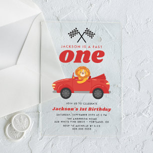 Schneller Löwe Rotes Rennwagen Junge 1. Geburtstag Acryleinladungen