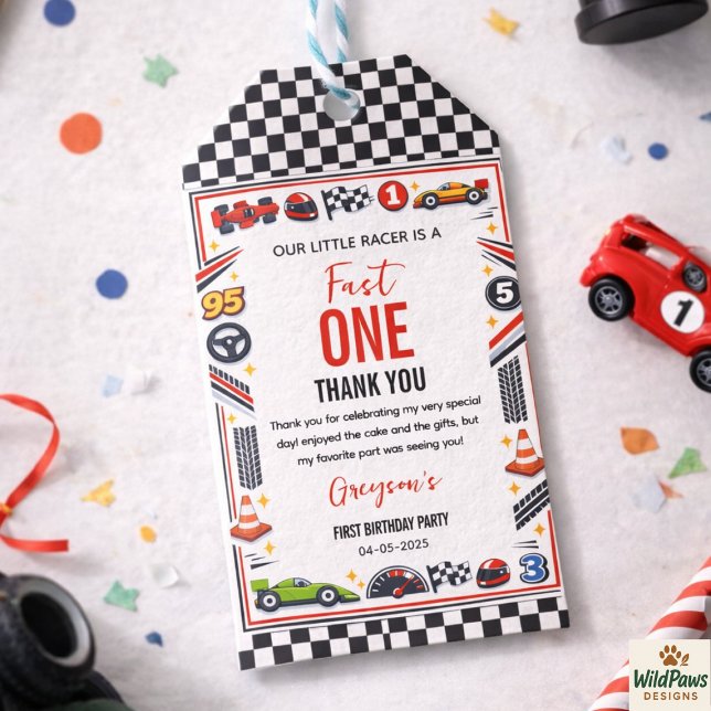 Schneller Rennwagen Junge 1. Geburtstagsfeier Geschenkanhänger (Fast One Race Car Boy 1st Birthday Party Gift Tags
)