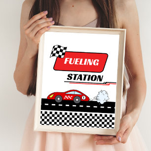 Schneller Retro-Rennwagen in Rot zum Jungen-Geburt Poster