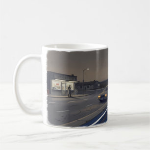 Schnelles Auto Mitternachtsflucht offene Straße Ta Kaffeetasse