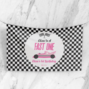 Schnelles Eins Pinkes Rennwagen Erstes 1. Geburtst Banner