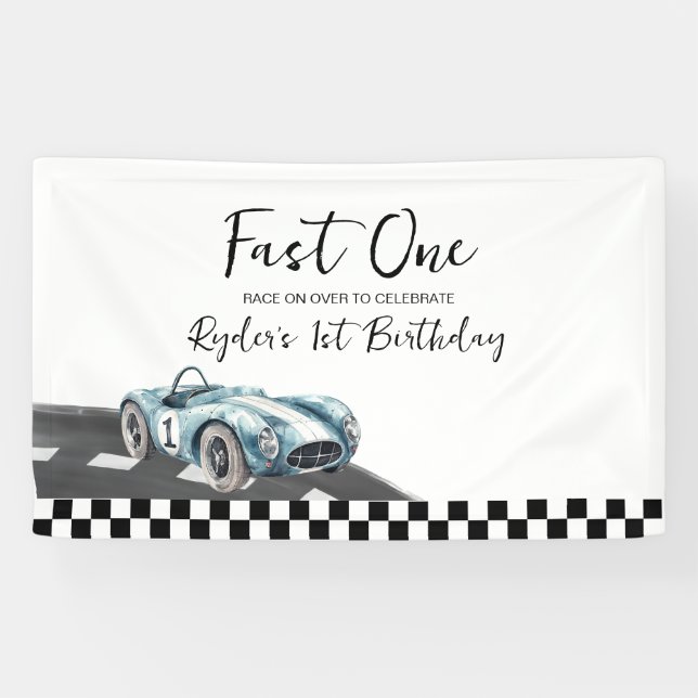 Schnelles Eins Rennwagen Erstes Geburtstag Banner (Horizontal)