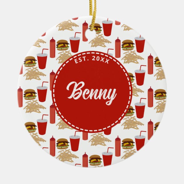 Schnelles Futter Burger Fries Muster Monogramm Keramik Ornament (Vorne)