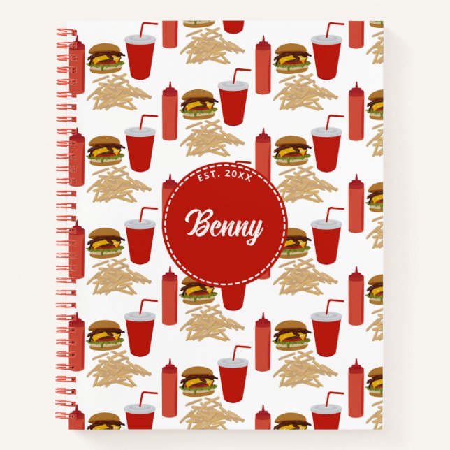 Schnelles Futter Burger Fries Muster Monogramm Notizbuch (Vorderseite)