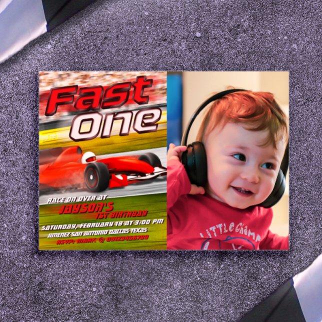 Schnelles Rennen mit Bildereinladung Einladung (Fast One - Racing 1st Birthday Landscape Invitation with Photo)