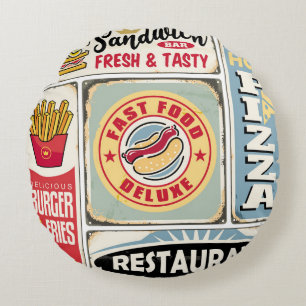 Schnellrestaurants und Diners Retro-Schilder Kolle Rundes Kissen