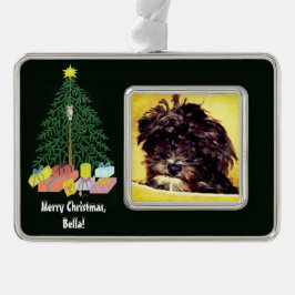 Schnoodle Hund mit Gerahmtem Weihnachtsbaum Rahmen-Ornament Silber