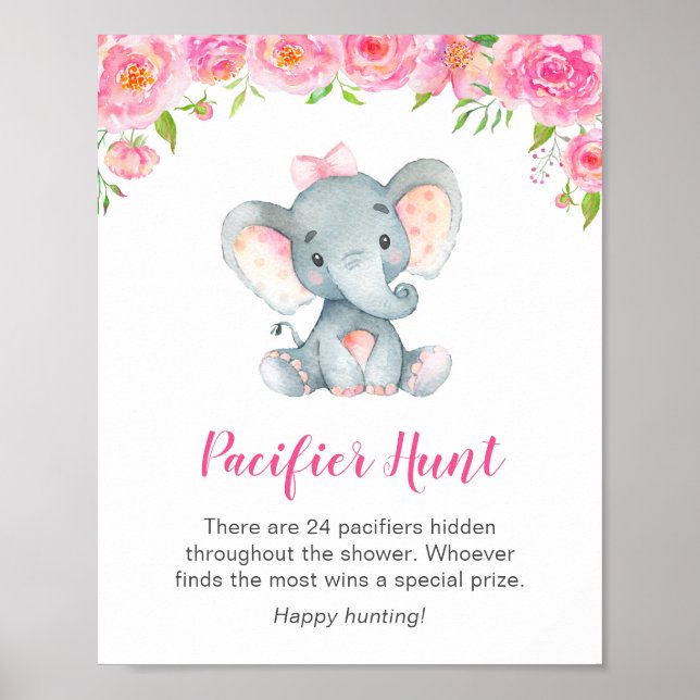 Schnuller Hunt Game Sign Elephant Baby Shower Girl Poster (Vorne)