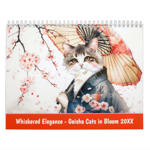 Schnurrbart-Eleganz – Geisha-Katzen in Blüte Kalender