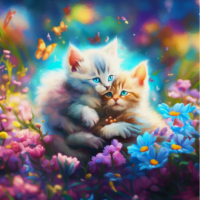 Schnurrbart: Kätzchen mit Schmetterlingen Puzzle (A charming kittens with flowers and butterflies jigsaw puzzle.)