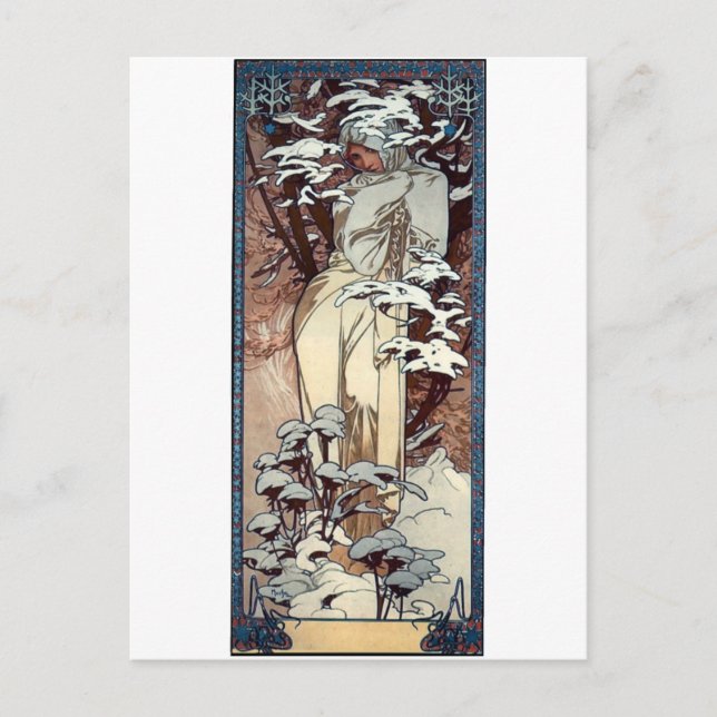 Schnurrbart Winterkunst-Jugendstil-Poster-Frau Sch Postkarte (Vorderseite)