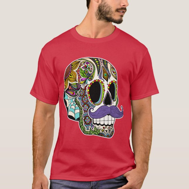 Schnurrbart-Zucker-Schädel-Farbenversion T-Shirt (Vorderseite)
