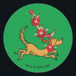 Schnürsenkel | Max Christmas Pointsettia Runder Aufkleber<br><div class="desc">Karo dieses lustige Dr. Seuss Design mit Max.</div>