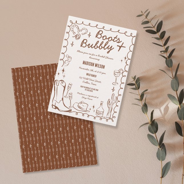 Schnürstiefel und Bubbly-Western Einladung (hand drawn wild west doodle bridal shower invitation in terracotta color)