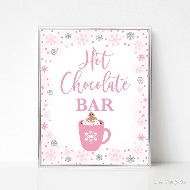 Schokolade Bar Winter Pink Schneeflocken Schild (Hot Chocolate Bar Party Sign, Winter Pink & Silver Glitter Snowflakes Theme)