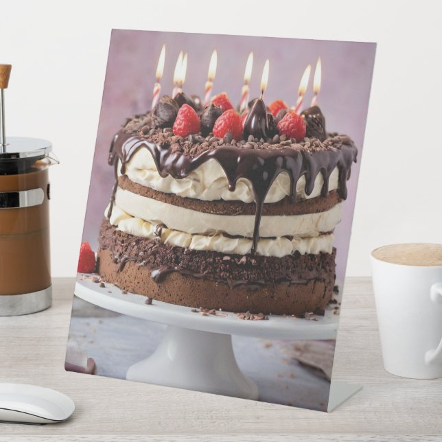 Schokolade Birthday Cake mit Erdbeeren, Sockelschild (In Situ)