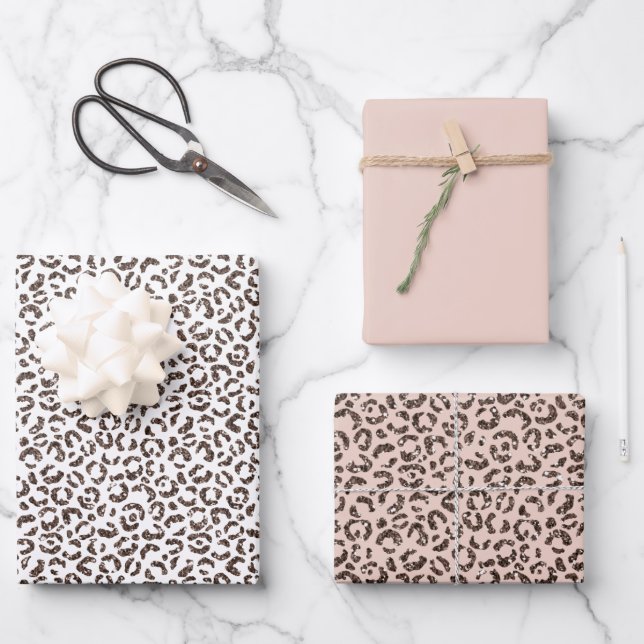 Schokolade Brauner Leopard Glitzer Blush Peach Geschenkpapier Set (Vorderseite)
