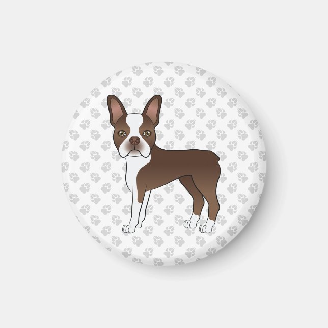 Schokolade Brown Boston Terrier Cartoon Dog & Paws Magnet (Vorne)