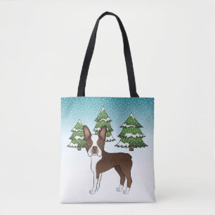 Schokolade Brown Boston Terrier in einem Winterwal