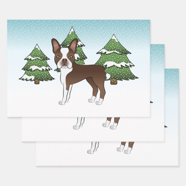 Schokolade Brown Boston Terrier in einem Winterwal Geschenkpapier Set (Set)