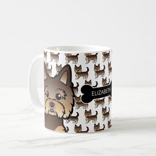Schokolade Brown Yorkie mit Dog Bone & Name Kaffeetasse (Vorderseite Links)