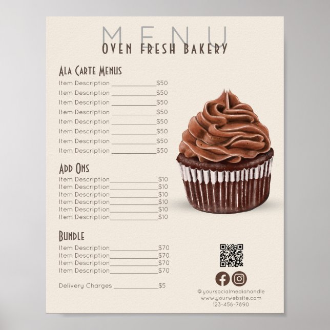 Schokolade Cupcake Beige Menü Bäckerei Preis List Poster (Vorne)