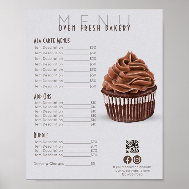 Schokolade Cupcake Gray Menü Bäckerei Preis List Poster (Vorne)