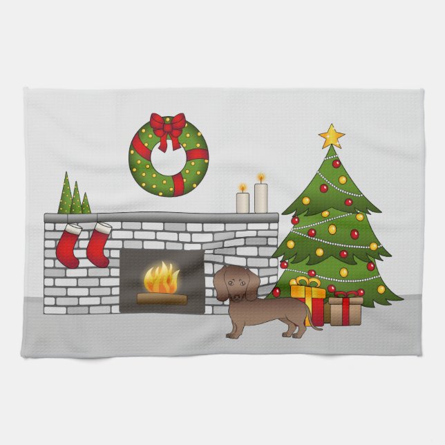 Schokolade Dackel mit glattem Coat - Weihnachtsrau Geschirrtuch (Horizontal)