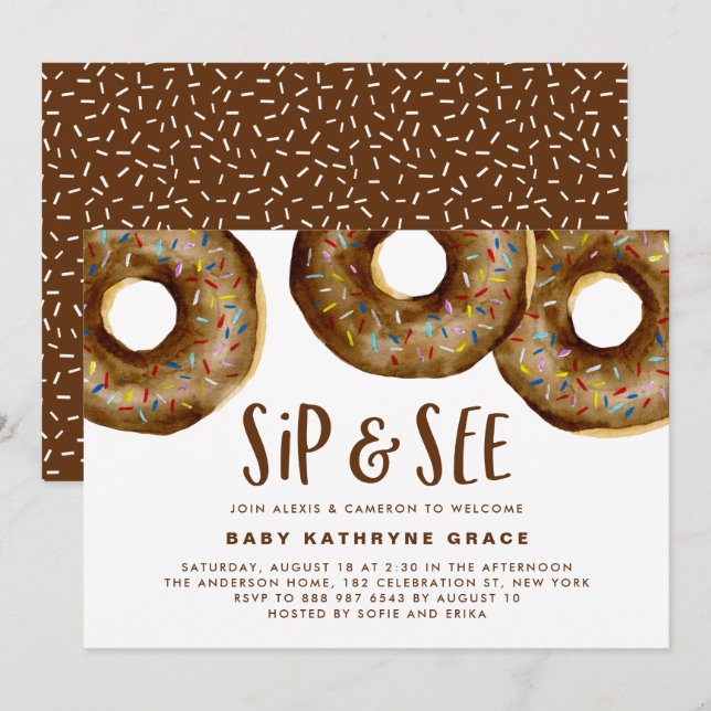 Schokolade Donuts Sprinkles Babydusche Sippe und s Einladung (Vorne/Hinten)