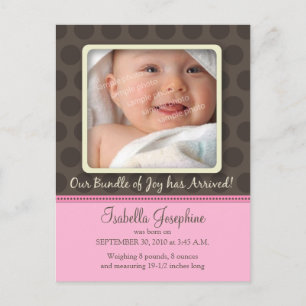 Schokolade Dots Baby Birth Announcement (pink) Ankündigungspostkarte