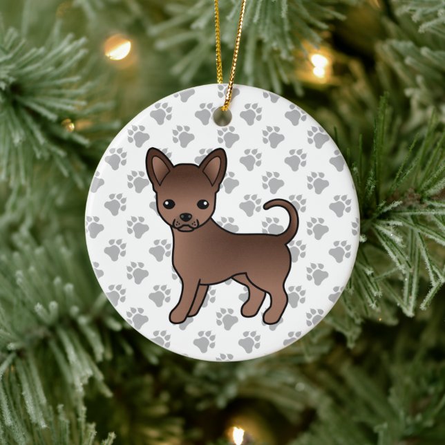 Schokolade, glatter Coat Chihuahua Cartoon Dog & P Keramik Ornament (Baum)
