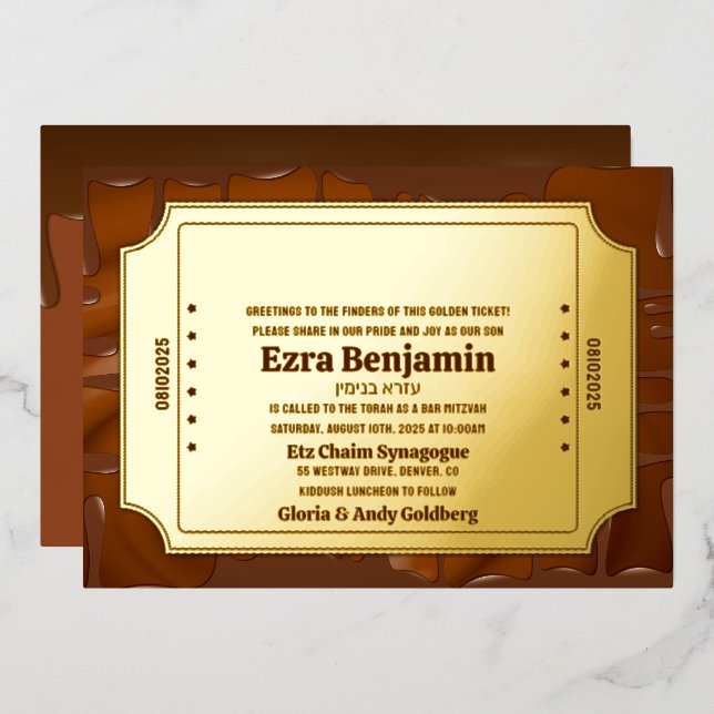 Schokolade Golden Ticket Bar Mitzvah oder Bat Mitz Folieneinladung (Vorderseite/Rückseite)
