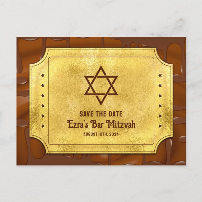 Schokolade Golden Ticket Bar Mitzvah Save the Date Postkarte (Vorderseite)