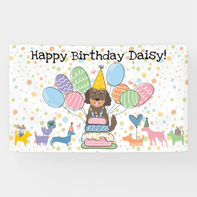 Schokolade Goldendoodle Hund Geburtstagsparty Banner (Horizontal)