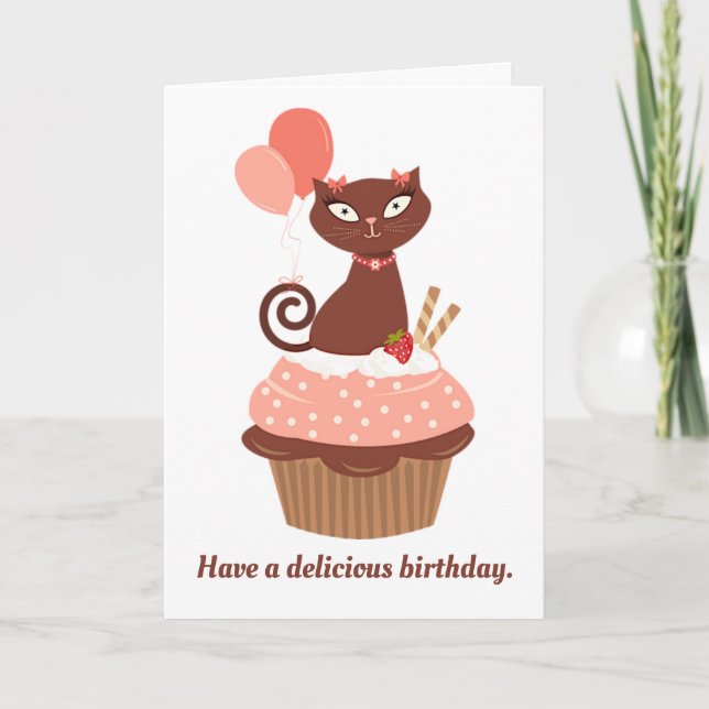 Schokolade Katze in einem Cupcake Geburtstag Karte (Vorderseite)