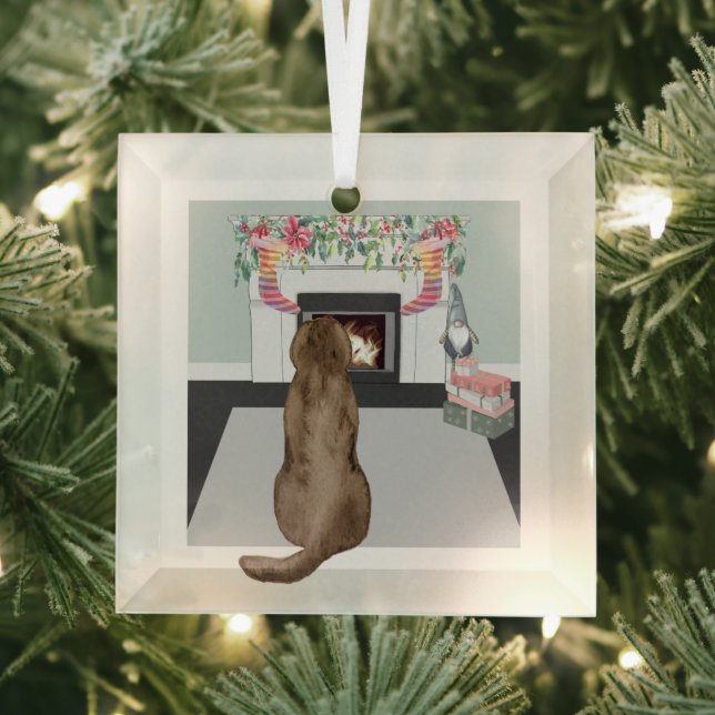 Schokolade Labrador Hund Weihnachtsfeuerplatz Szen Ornament Aus Glas (Insitu)