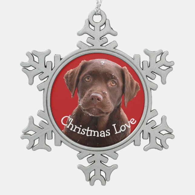 Schokolade Labrador Hund Welpe Haustier Liebe Schneeflocken Zinn-Ornament (Vorderseite)