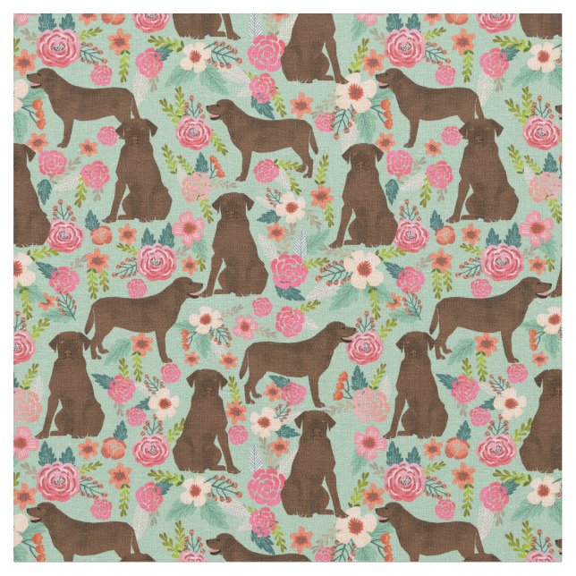 Schokolade Labrador Hunde Vintage Blütenminze Stoff (Nahaufnahme)