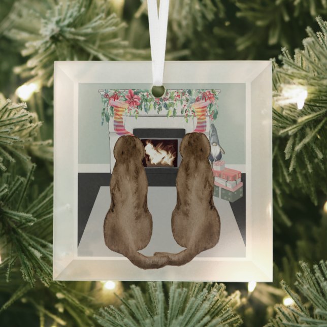 Schokolade Labrador Hunde Weihnachts Feuerplatz Sz Ornament Aus Glas (Insitu)