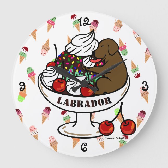 Schokolade Labrador & Ice Cream Sundae Große Wanduhr (Vorderseite)