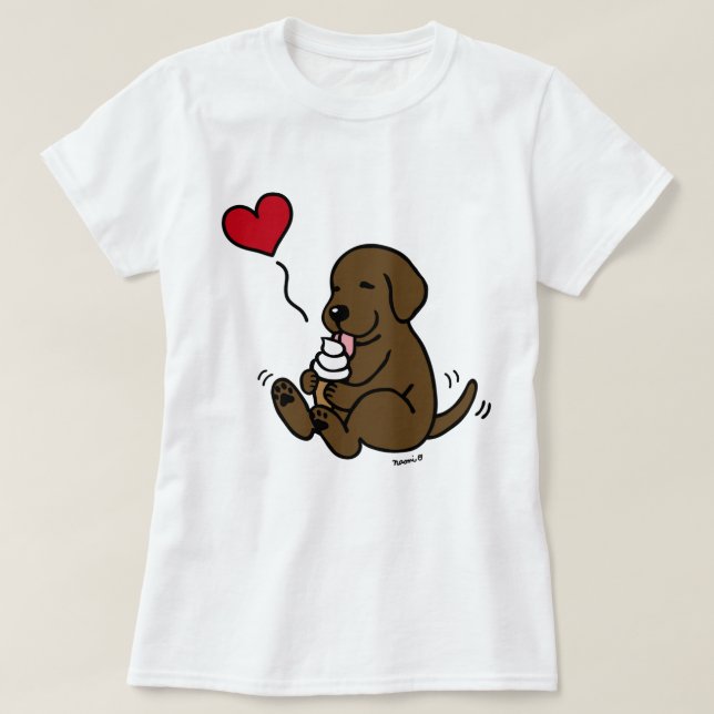 Schokolade Labrador Lecken Eiscreme mit rotem Herz T-Shirt (Design vorne)