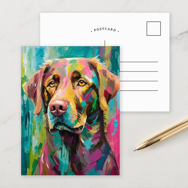 Schokolade Labrador Portrait Farbenfrohe Abstrakte Postkarte (Von Creator hochgeladen)