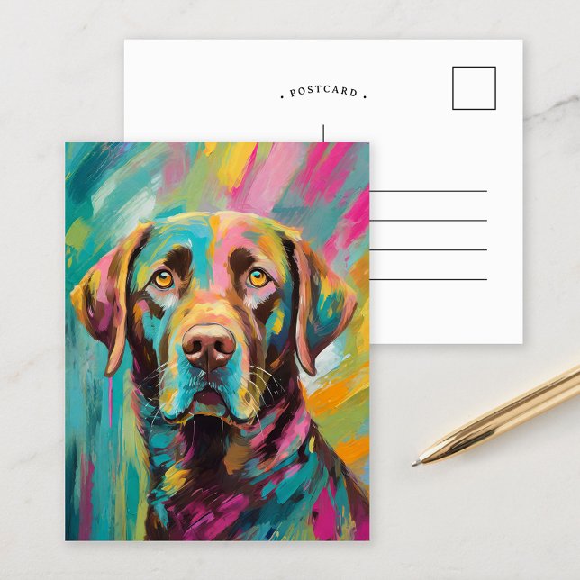 Schokolade Labrador Portrait Farbenfrohe Abstrakte Postkarte (Von Creator hochgeladen)
