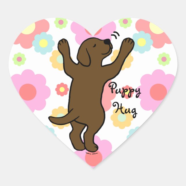 Schokolade Labrador Puppy Hug Cartoon Floral Herz-Aufkleber (Vorderseite)
