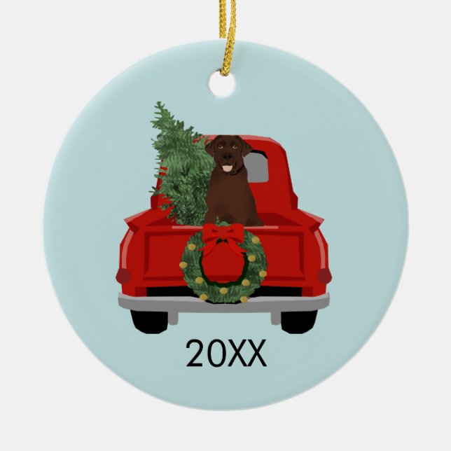 Schokolade Labrador Red Christmas Truck Keramik Ornament (Vorne)