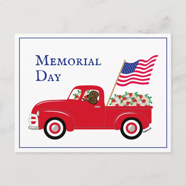 Schokolade Labrador Red Truck Memorial Day Grenze Postkarte (Vorderseite)