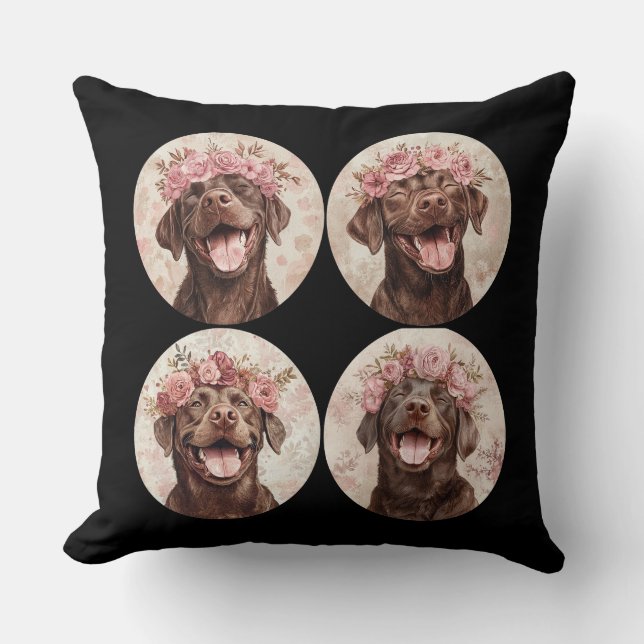 Schokolade Labrador Retriever Hund Pink Floral Kissen (Vorderseite)
