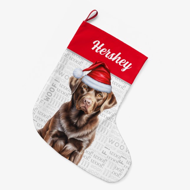 Schokolade Labrador Retriever mit Hundename Großer Weihnachtsstrumpf (Vorderansicht (hängend))